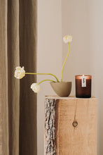 Load image into Gallery viewer, Sulis large essential oil candle lit. Presented on wooden block with ikebana display. 