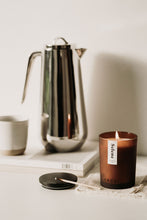 Load image into Gallery viewer, Large Selene Candle lit. Black wooden lid included.